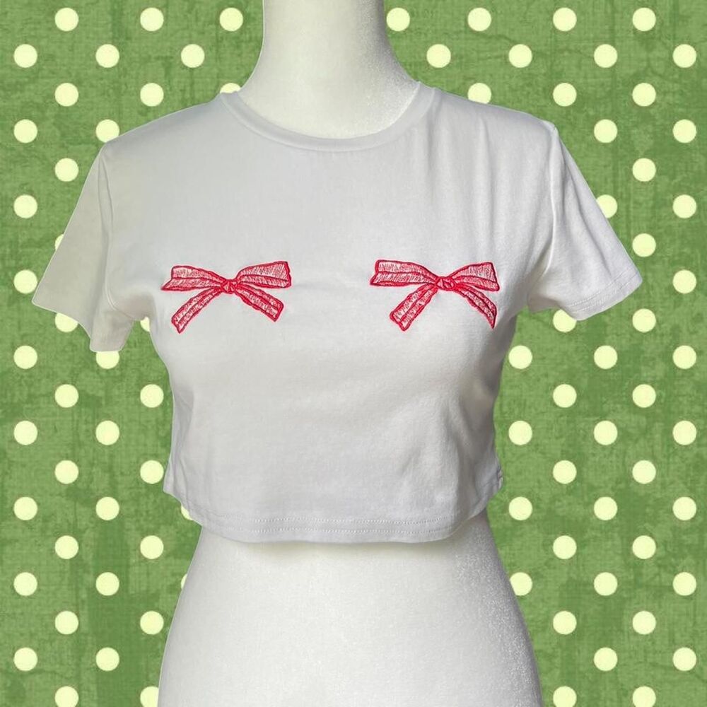 Edikted White Baby Tee with Red Bow Embroidery